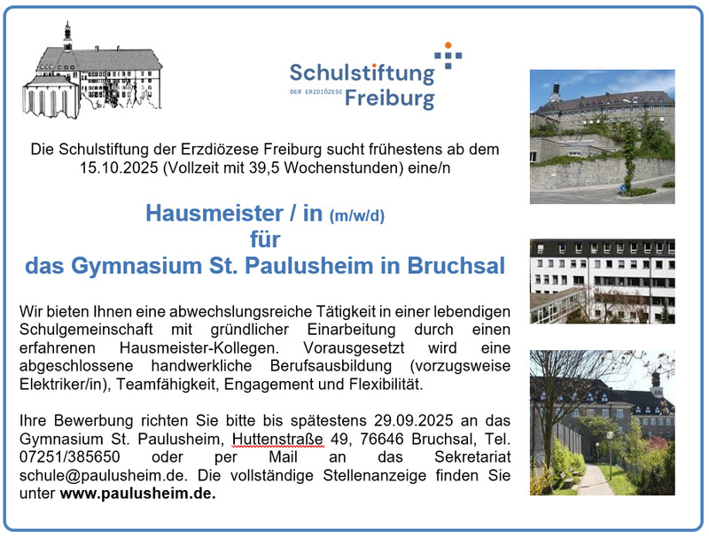 Hausmeister/in (m/w/d)  fr das Gymnasium St. Paulusheim in Bruchsal